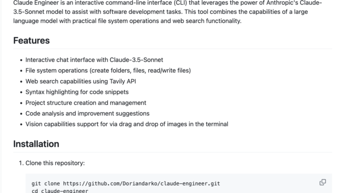 Claude Engineer: An Interactive Command-Line Interface (CLI) that Leverages the Power of Anthropic's Claude-3.5-Sonnet Model to Assist with Software Development Tasks